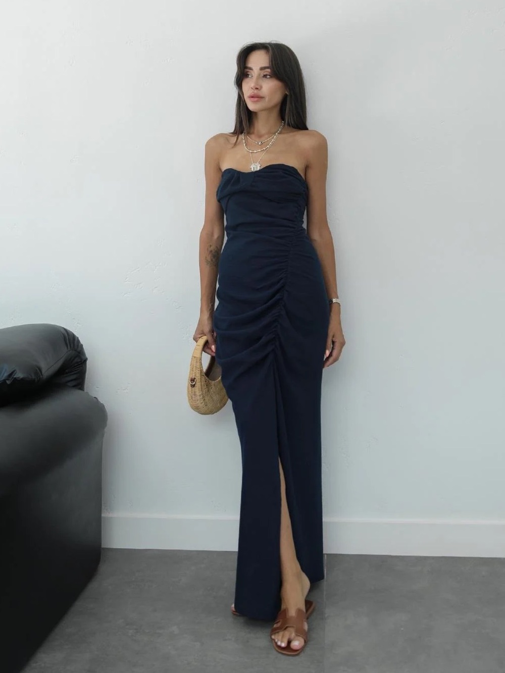 Zara Linen blend strapless Ruched Navy Midi Dress with Side Slit in Sz: XL